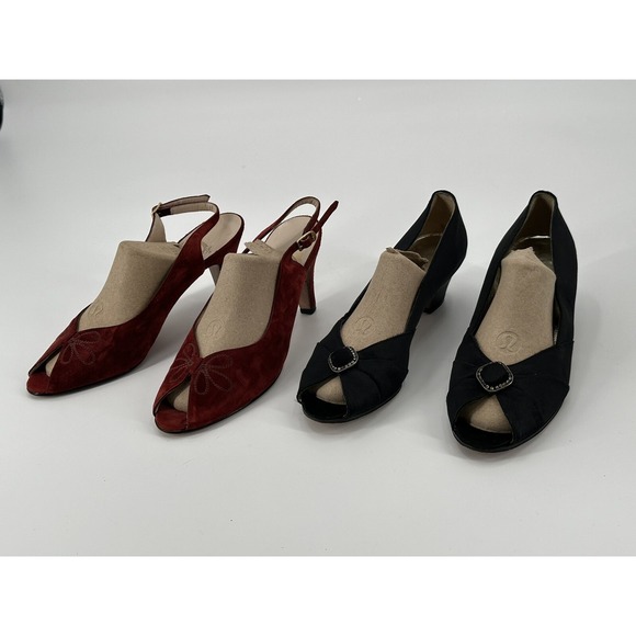 Lot Of 2 Salvatore Ferragamo Peep Toe Slingback & Slip On Heels Black/Red Sz 6B
